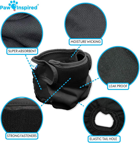 (3 Pack) Paw Inspired Washable Dog Diapers | Reusable Cloth Doggy Diapers for Female Small, Medium, Large Size Dogs