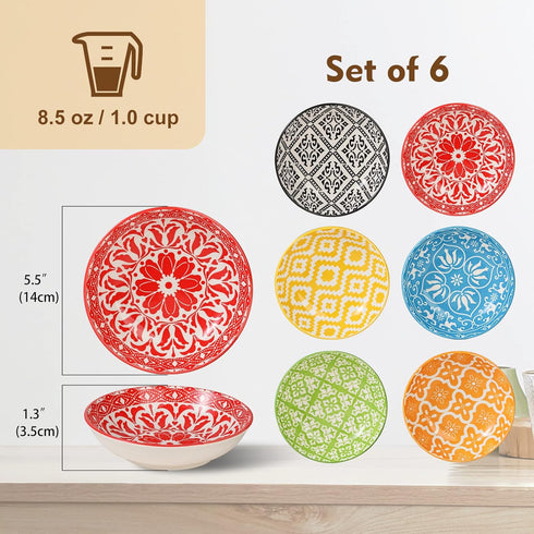 Ceramic Cat Food Bowl Set - Wide Shallow Cat Bowl for Relief Whisker Fatigue - Colorful Cat Feeding Bowls - Flat Cat Dish - Cat Plates - Microwave and Dishwasher Safe - 8.5 oz - 5.75 inch - Set of 6