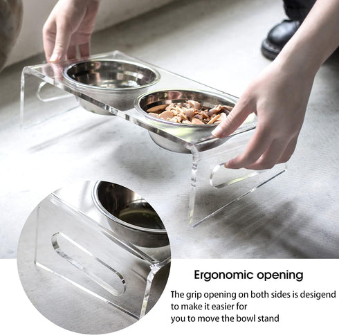 Tilted Raised Elevated Food and Water Bowls Stand for Cat or Small Dogs, Clear Acrylic Stainless Steel Dishes Holder