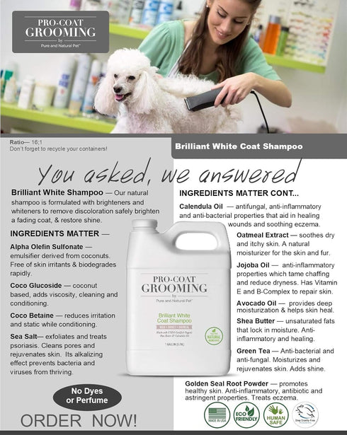 Pro-Coat Grooming Brilliant White Coat Shampoo (Oatmeal, Milk & Honey) - 1 Gallon Size for Pet Care
