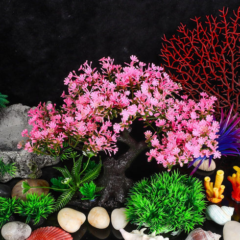 VICASKY Aquarium Artificial Decoration Set - Pink Cherry Blossom Tree & Grass Decor for Goldfish Tank
