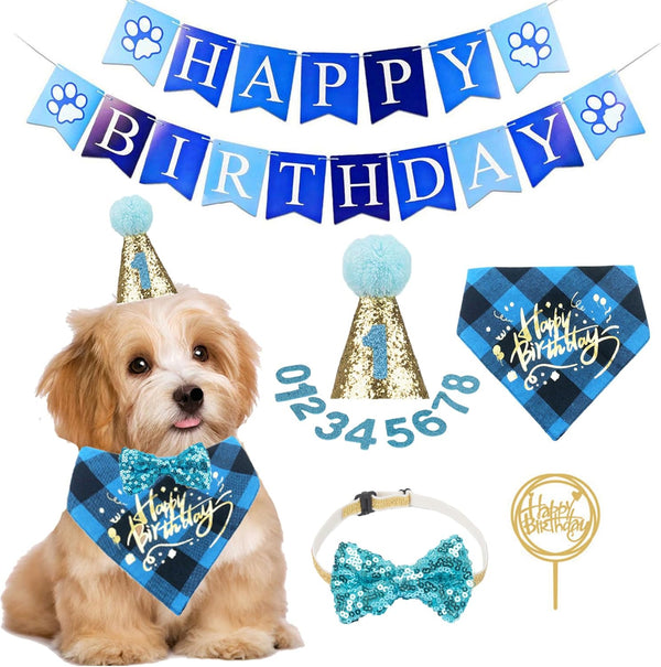ADOGGYGO Dog Birthday Boy Bandana – Puppy 1st Birthday Party Supplies, Pet Party Hat Scarf Bowtie Banner Set for Small