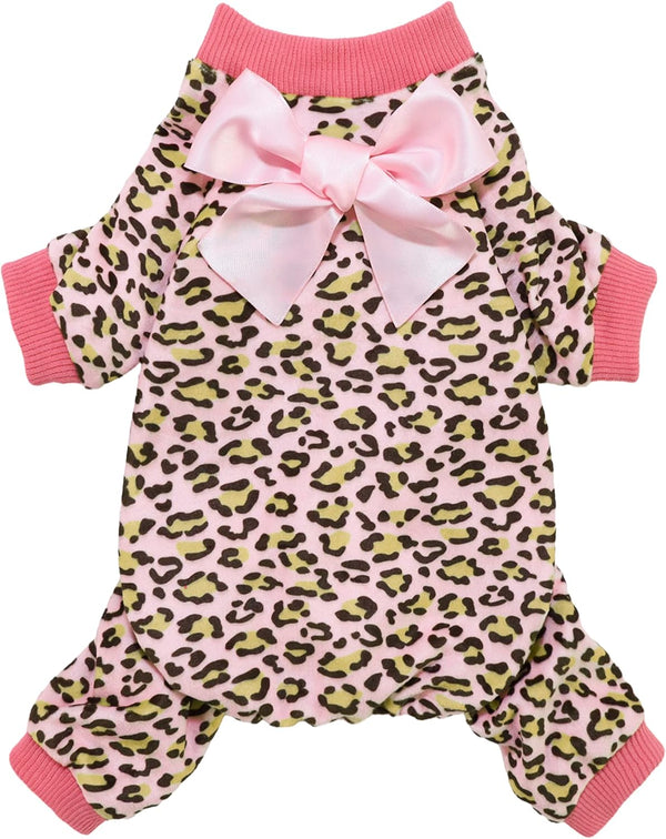 Fitwarm Leopard Dog Pajamas, Fleece Clothes for Small Dogs Girl, Pet Onesie, Cat Outfit, Pink, Small