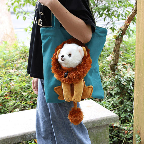 Dog Tote Bag with Zipper, Cat Shoulder Carrier, Lion-Shaped Pet Canvas Bag for Daily Use Walking Travel (L, Acid Blue)