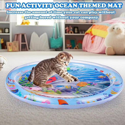 2025 Summer Cat Water Mat, Upgraded Thickened Anti-Scratch Leak Proof Cats Water Sensory Play Mat with Floating Fish