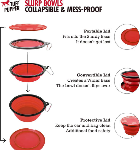 Tuff Pupper SuperBigSlurp Collapsible Dog Bowls, Portable Travel Bowls with Storage Lid for Pets