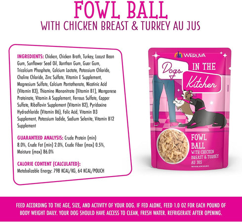 Weruva Dogs in The Kitchen, Fowl Ball with Chicken Breast & Turkey Au Jus Dog Food, 2.8oz Pouch (Pack of 12)