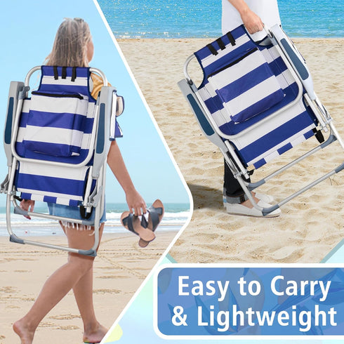WISLAS Backpack 5-Position Folding High Beach Chair with Headrest & Cup Holder - Portable Aluminum Adjustable Reclining