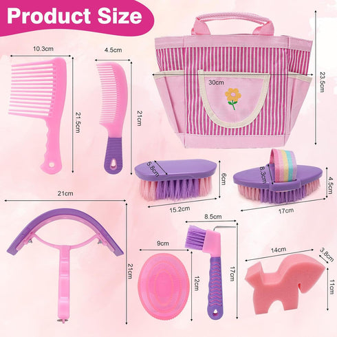 9Pcs Set Horse Grooming Brush Kit, Horse-Brush with Organizer Tote Bag, Shower Brushes, Braiding Comb, Sweat Scraper
