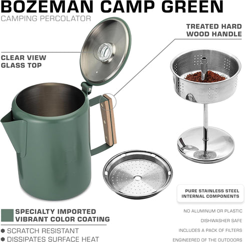 Bozeman [9 COLETTI Green Percolator Coffee Pot Camping Coffee Makers Campings Favorite Percolator NO Aluminum