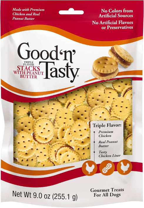 Good 'n' Tasty Triple Flavor Stacks, 9 Ounces, Bite Sized Snacks for Dogs with Premium Chicken and Real Peanut Butter