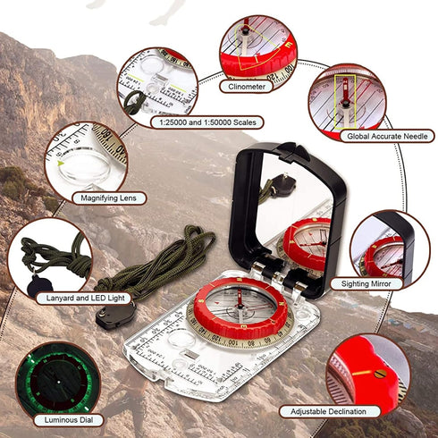 Pro Hiking Compass, Waterproof Survival Gear with Glow-in-The-Dark Feature and Mirror Sighting for Orienteering