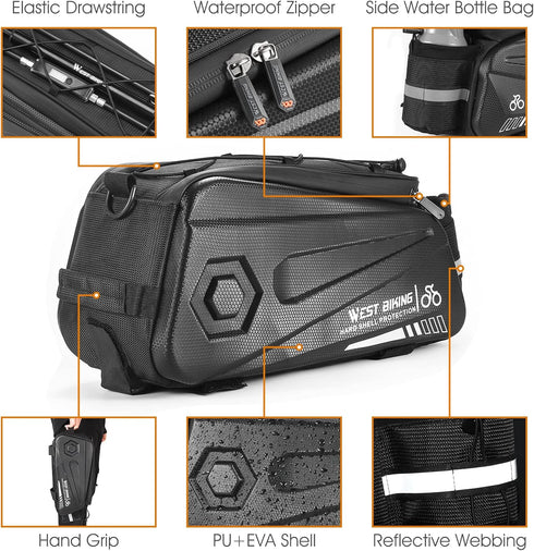 West Biking Bike Rear Seat Bag, Double Water Resistant Zipper Bicycle Trunk Pannier, 8.6L Capacity
