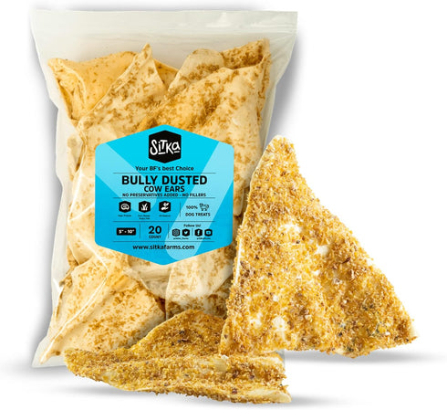 Sitka Farms Bully Dusted Cow Ears for Dogs, 20 Count - 100% Natural Premium No Hide Chews for All Dog Sizes