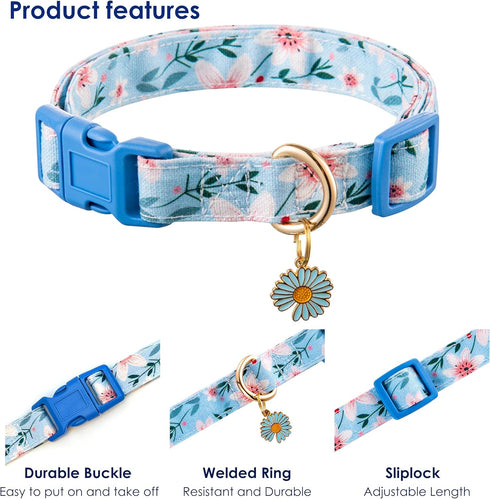 Cotton Dog Collar, Blue Flower Pattern for Boys and Girls, Adjustable for Small to Medium Breed Dogs (XS)