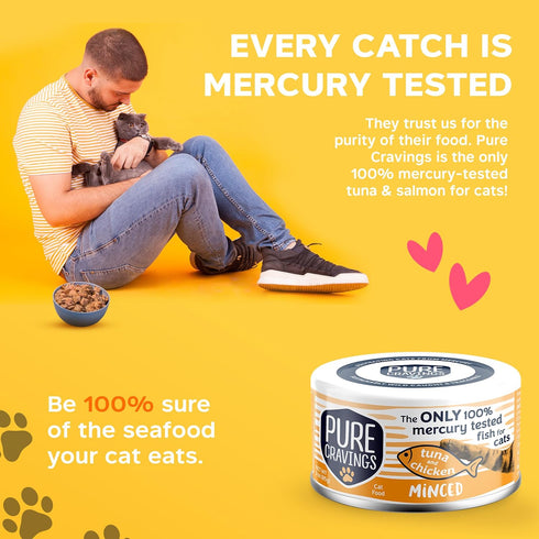 100% 3oz, Pack 12 Pure Cravings Minced Tuna and Chicken Wet Canned Cat Food, Mercury-Tested, Moist Can Fish for Cats