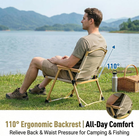 11.6 Folding Camping Chair, Outdoor Chair with Wooden Armrests,Folding Chair for Camping, Hiking, Beach, Picnic, Indoor