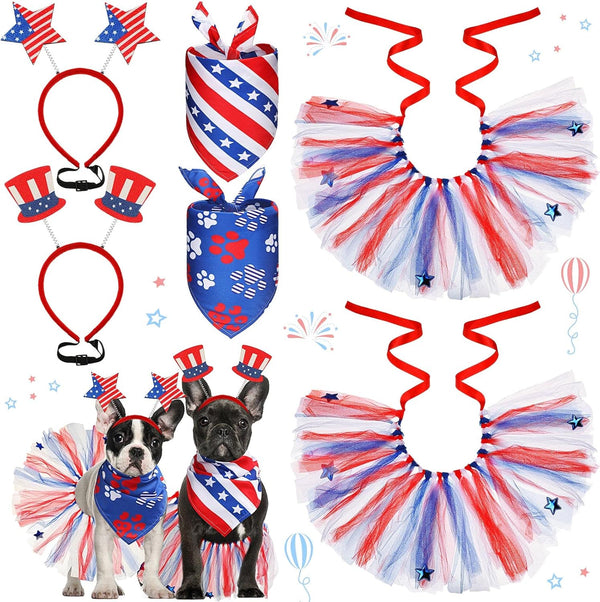 4th of July Dog Costume Accessories - 6 Pieces Includes Bandanas, Tulle Tutu, Patriotic Headbands for Dogs