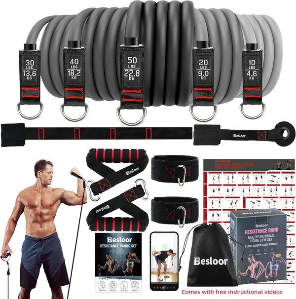 Resistance Band Set, Exercise Bands with Handles, Door Anchor, Ankle Strap, Home Gym, Full-Body Workouts