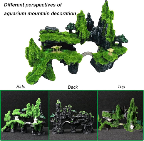 Tfwadmx Fish Tank Mountain View Decoration Aquarium Stone Ornament Bridge with Moss Tree House Cave for Small Fish Hide
