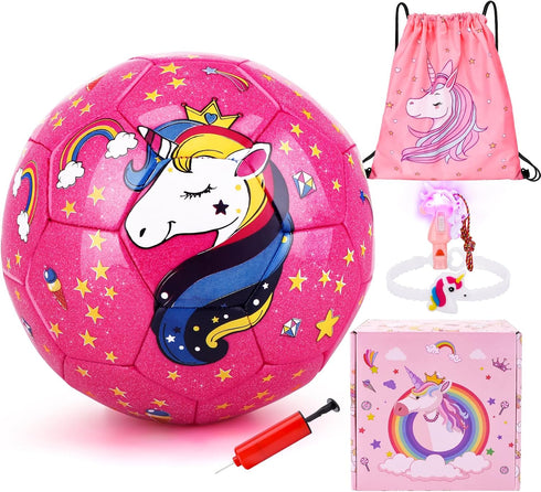 JYPS Size 3 Soccer Ball for Girls, Glitter Unicorn Soccer Ball Gifts for Kids Age 4-8 with Pump & Drawstring Bag
