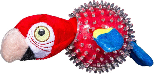Spunky Pup Parrot Spiky Ball Squeaker Dog Toy, Rubber Spikes for Healthy Teeth and Gums, Plush Fetch Toy