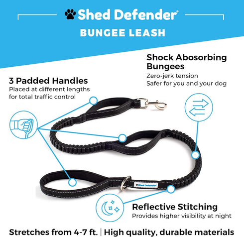 Shed Defender Shock Absorbing Bungee Dog Leash, Three Padded Traffic Handles, Reflective Stitching for Large & Small
