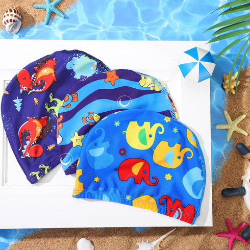 Geyoga Kids Swim Caps, 3 Pieces Unisex Bathing Swimming Hats for Boys and Girls, Long Short Hair