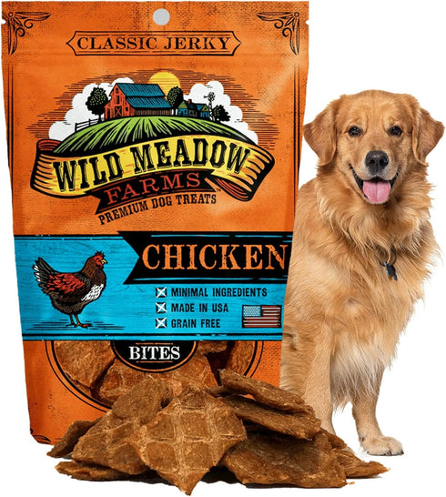 Wild Meadow Farms Classic Chicken Bites, Grain-Free Soft Jerky Treats for Dogs, 3.5 Ounce Pouch, All-Natural, Ideal for