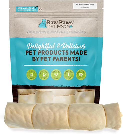 Raw Paws Beef Cheek Rolls for Dogs, 10-inch, 4-ct, Rawhide Alternative Chews, Free-Range Cow Cheek Rolls