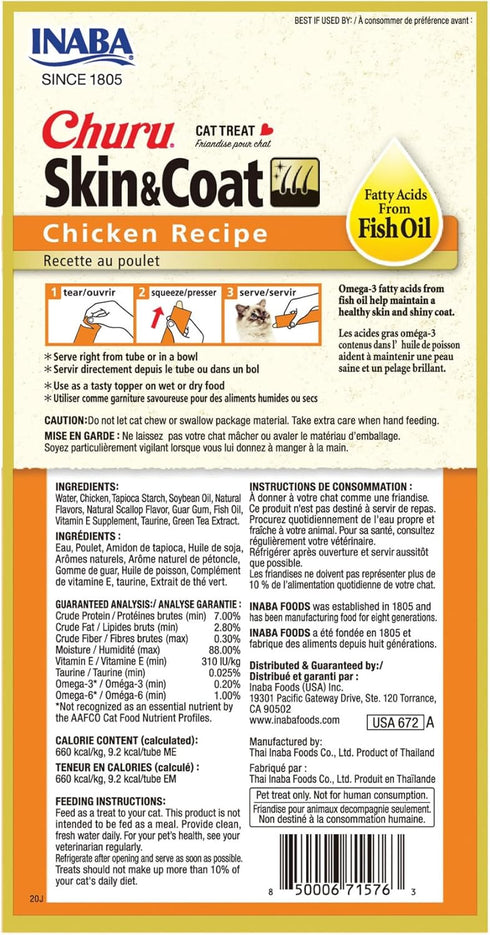 INABA Churu Lickable Purée Natural Cat Treats for Skin and Coat with Omega Oils, Taurine and Vitamin E, 0.5 Ounces Each, 24 Tubes (Four Per Package), Chicken Recipe