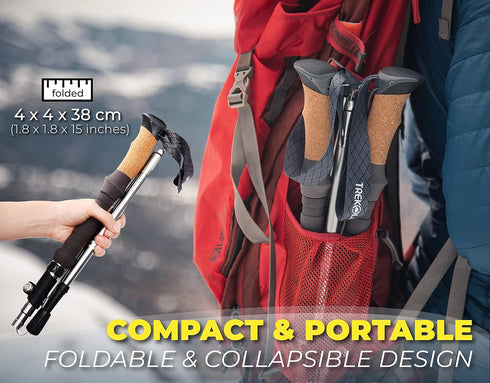 TREKOLOGY 2pc Collapsible Nordic Trekking Poles - Ultralight Folding Hiking Sticks with Cork Handle