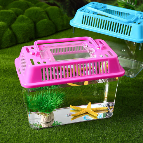 NOLITOY 4pcs Mini Fish Tank, Plastic Fish Box Breeding Case with Handle for Shrimp, Turtle, Goldfish