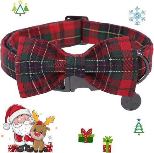 DOGWONG Christmas Red Plaid Dog Collar with Bowtie, Cute Cotton Dog Collar Red Christmas Dog Bowtie Durable Soft Pet Dog Collar for Small Medium Large Dog