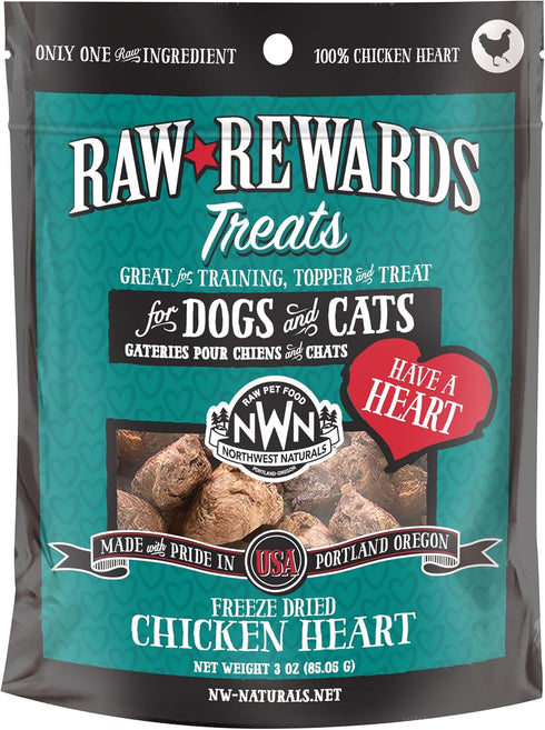 Northwest Naturals Raw Rewards Freeze-Dried Chicken Heart Treats for Dogs and Cats - Healthy, 3 Oz, Human Grade