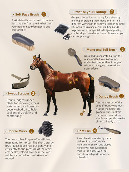 7 Set Harrison Howard Horse Grooming Kit, Piece Horse Brush with Curry Comb, Hoof Pick, Sweat Scraper & Bag Brown