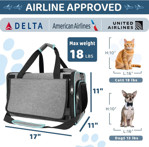 Cat Carrier American, Airline Approved Soft-Sided Pet Travel Bag for Medium Cats 15+ lbs, Small Dogs Under 15 Pounds