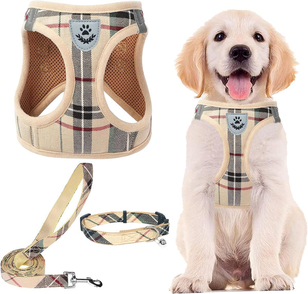 PUPTECK Adjustable Dog Harness Collar and Leash Set, Step in No Pull Pet Harness for Small Medium Dogs, Beige