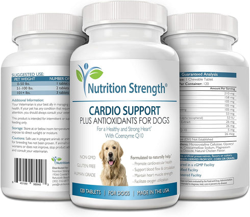 Cardio Support for Dogs with L-Carnitine, L-Taurine, Coenzyme Q10, Vitamin E, 120 Chewable Tablets