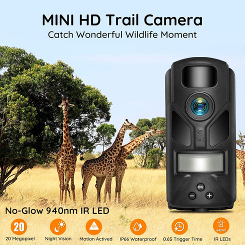 OUTDOOR EXPERT 20MP 1080P 940nm IP66 80ft Mini Trail Camera, Hunting Camera with No Glow Night Vision Motion Activated