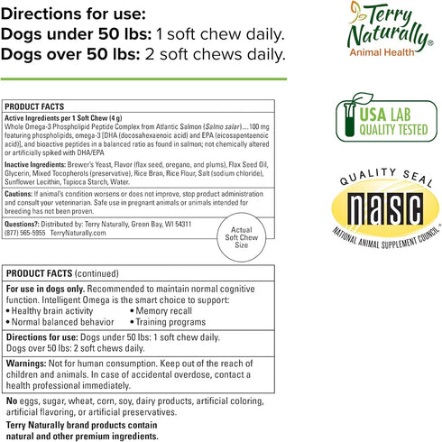 Terry Naturally Animal Health Intelligent Omega, 60 Soft Chews, Omega 3 from Salmon for Dogs, Promotes Brain & Eye
