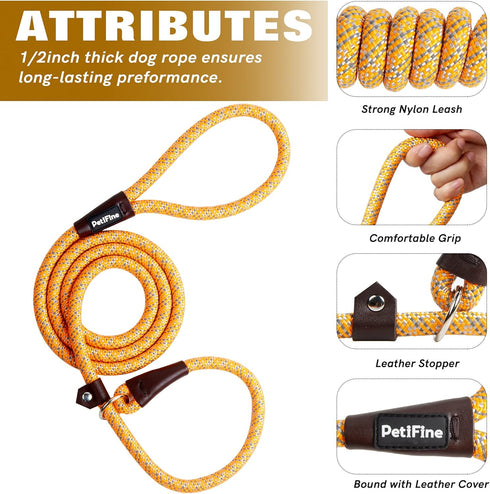 PetiFine Slip Lead Dog Leash, 6FT x 1/2", Reflective Durable Heavy Duty Adjustable Nylon Dog Rope Leash for Small