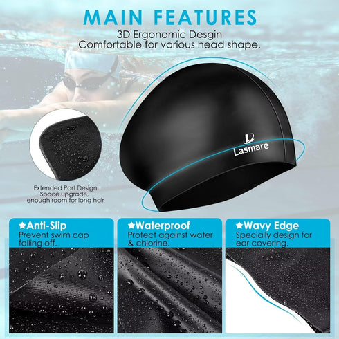 Large Long Hair Swim Cap - Silicone Swimming Cap for Women Men, Extra Room for Long Thick Hair with Ear Plugs