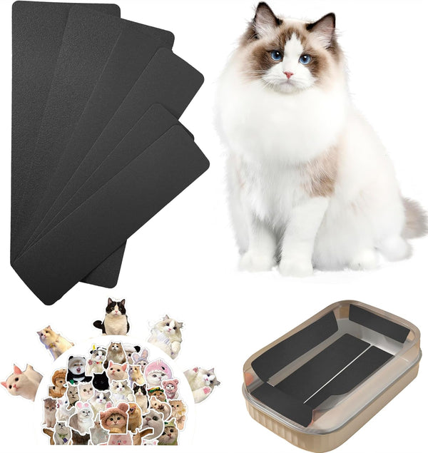 Cat Nail File Scratching Strips - 6 Pcs Litter Box Scratcher Liner, 3 Pairs Peel Stick Strips in Different Sizes (Black)