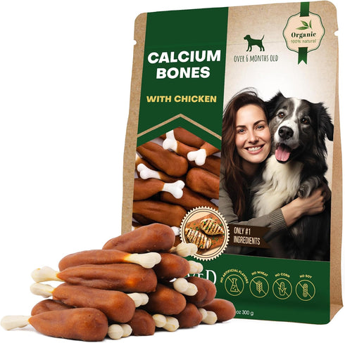 Dog Chew Treats Calcium Bones Wrapped Chicken & Rawhide Free - Grain Free Snacks for Training Dogs