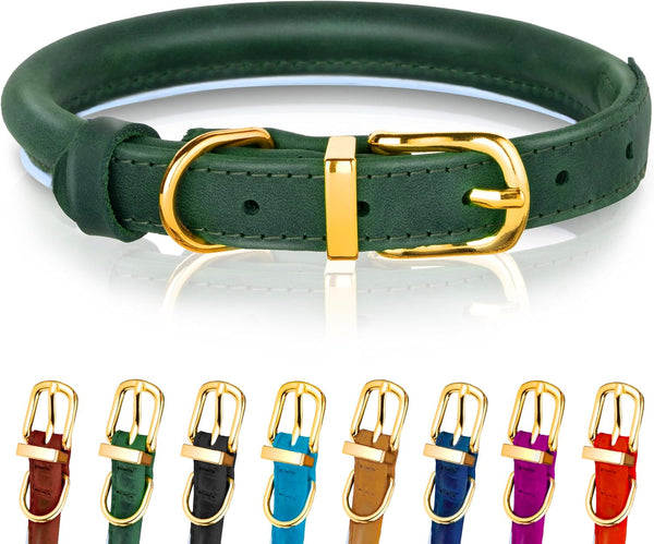 OOPSDOGGY Reflective Rolled Leather Dog Collar - Adjustable Soft Padded Collar for Small Breed Dogs (XS, 8"-11", Green)