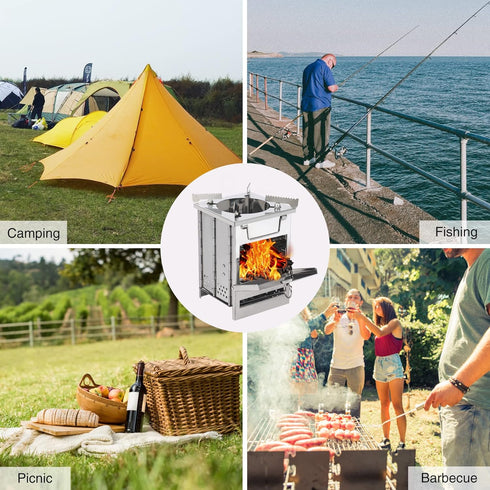 REDCAMP Wood Burning Camping Stove with Pot Stand, Folding Stainless Steel Backpacking Stove for Outdoor Cooking