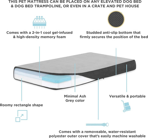 Pet Mattress for Small to Medium Dogs and Cats, 2-in-1 Cool Gel Infused with High Density Foam, Anti-Slip Bed, Ash Grey