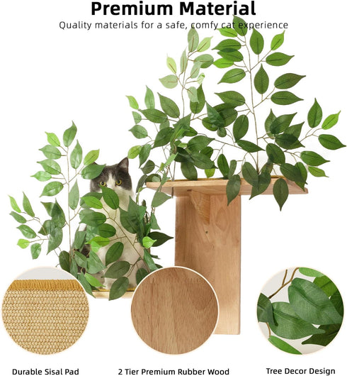 2 Meowoou Cat Wall Shelves with Leaves, Platform Cat Wall Furniture, Cat Tree Shelves, Rubber Wood Wall Perch with Mat