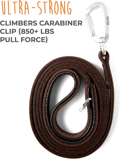 Mighty Paw Leather Dog Leash for Large Breeds, 6 Ft with Soft Padded Handle and Extra D-Ring for Waste Bags